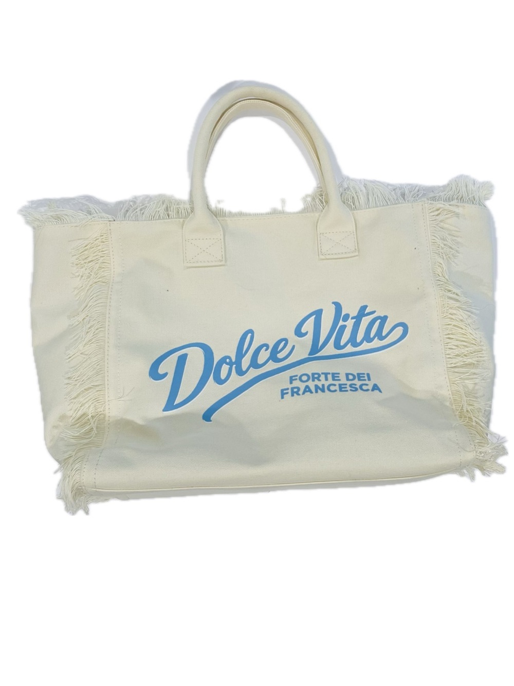Dolce Vita Cream Canvas Fringe Tote with Light Blue Logo